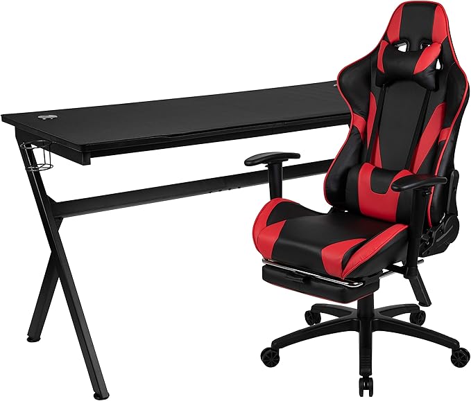 Flash Furniture Optis Gaming Desk and Red Footrest Reclining Gaming Chair Set - Cup Holder/Headphone Hook/Removable Mouse Pad Top/Wire Management