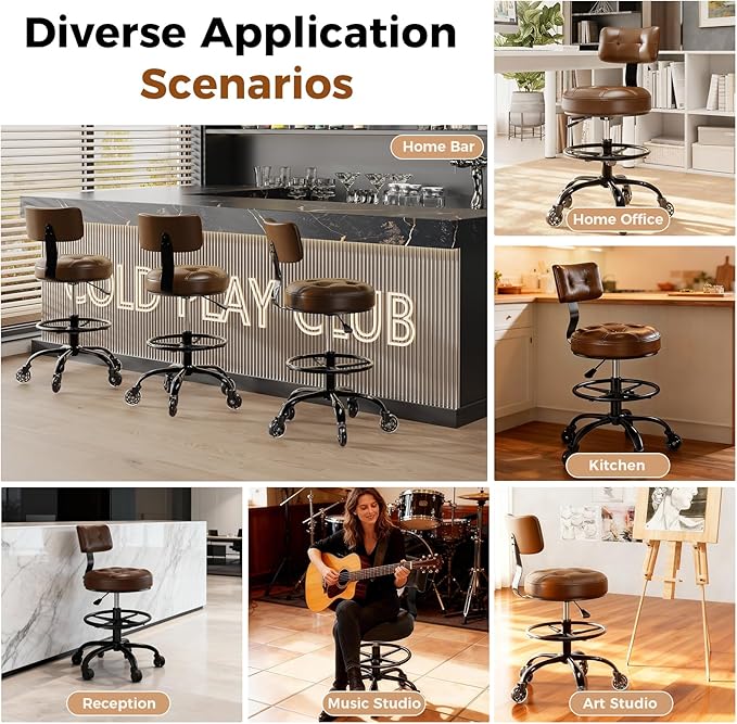 Office Drafting Chair with Footrest, Tall Height Adjustable Stool with Back Support, Heavy Duty Rolling Stool Chair with Wheels for Office Home Kitchen Bar Shop Guitar Studio Medical Vanity(Brown)
