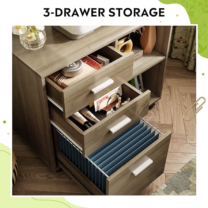 DEVAISE 3 Drawer Mobile File Cabinet, Wood Lateral Filing Cabinet, Printer Stand with Open Shelves for Home Office, Gray Oak
