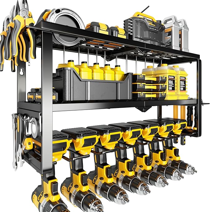 Hipidian Heavy Duty Power Tool Organizer Wall Mount - 300lb Capacity 3-Tier Storage Rack with 7 Drill Holders for Garage Workshop Tools