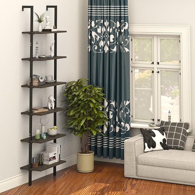 Wolawu Ladder Shelf Black 6 Tiers Modern Bookshelf Room Organizer Open Tall Wall Mount Bookcase Standing Leaning Wall Shelves Industrial Decorative Living Room Bed Room (Brown)