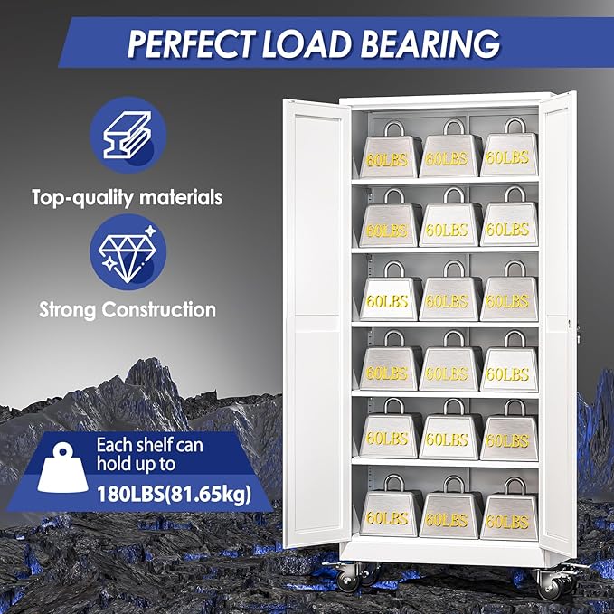 75" Tall Metal Garage Storage Cabinet with Wheels and Locking Doors and Tall Rolling Steel Tool Cabinet with 5 Adjustable Shelves for Garage,Home,Office,Shop (White)