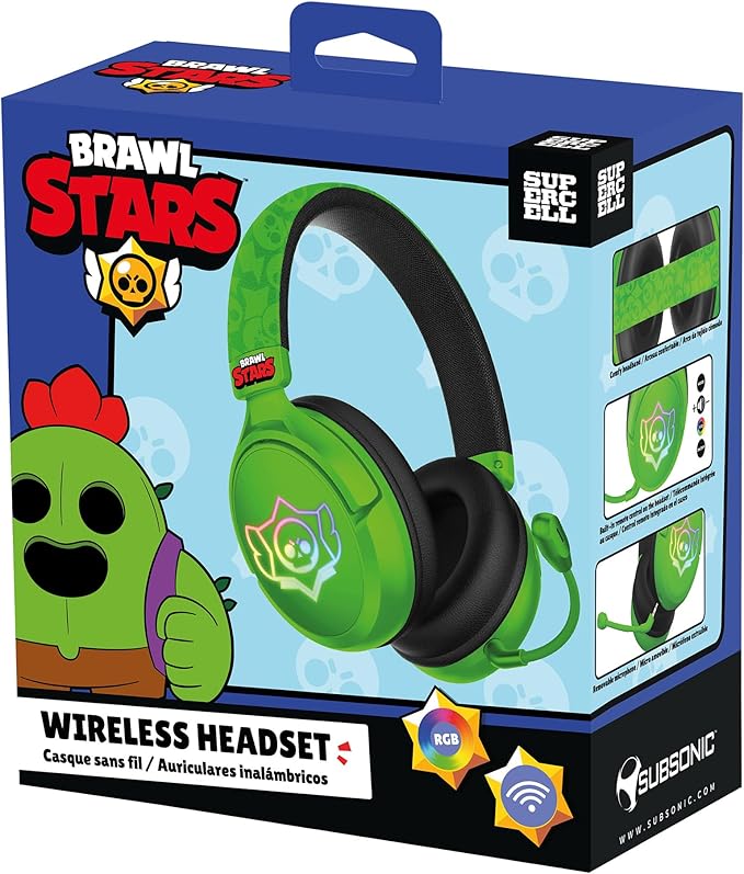 SUBSONIC - Brawl Stars Wireless Gaming Headset with LED and Detachable Microphone. Officially Licensed Gaming Headset, Compatible with Consoles, PCs, Tablets and Smartphones - Green