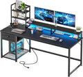 EnHomee 55 Inch Gaming Desk with Hutch and Drawers,Reversible Computer Desk with Monitor Shelf,Home Office Desks with USB Power Outlets and Storage,Pc Work Desk for Office with LED Lights,Black