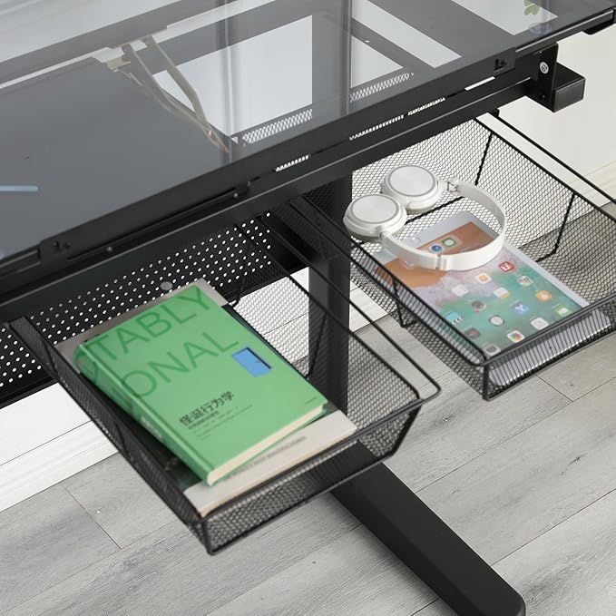 Miscoos Hand Crank Adjustable Drafting Table Drawing Desk with 2 Metal Drawers and Stool, Black, Tempered Glass, Sheet Metal