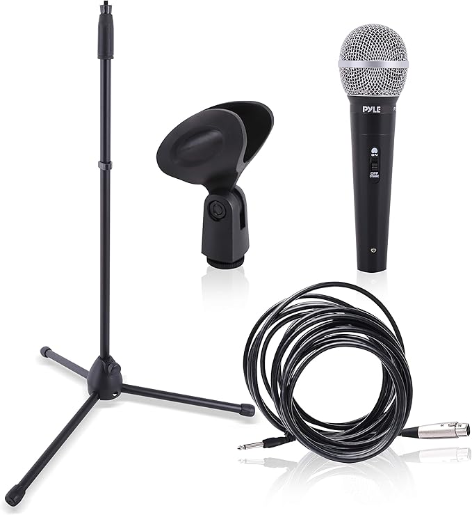 Professional Handheld Dynamic Microphone Kit - Unidirectional Vocal Wired Microphone w/Carry Bag, Metal Mic Stand, Holder/Clip & 16.4ft XLR Audio Cable to 1/4'' Audio Connection - Pyle PDMIC88ST