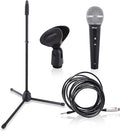 Professional Handheld Dynamic Microphone Kit - Unidirectional Vocal Wired Microphone w/Carry Bag, Metal Mic Stand, Holder/Clip & 16.4ft XLR Audio Cable to 1/4'' Audio Connection - Pyle PDMIC88ST