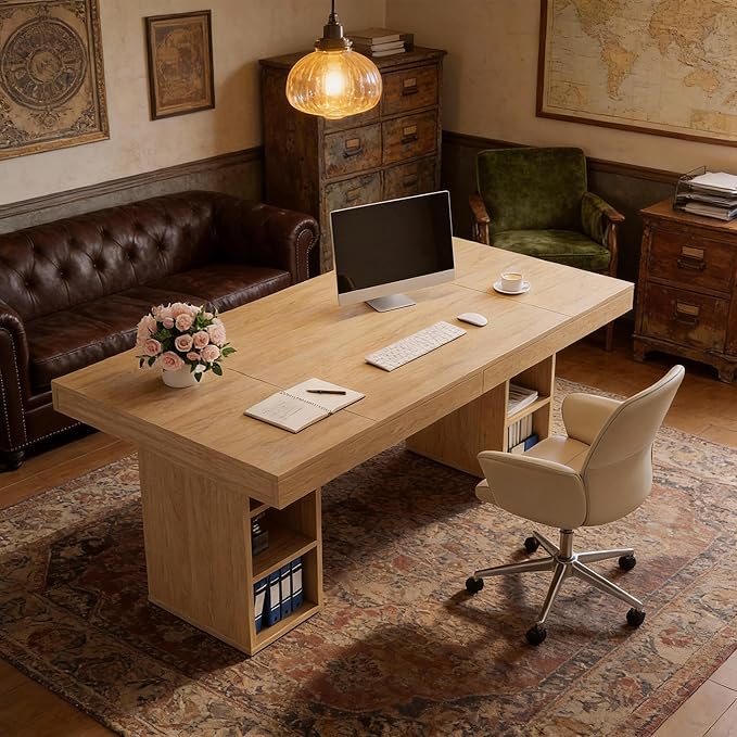 IDEALHOUSE 63”Executive Desk with Cabinet Storage, Farmhouse Home Office Desk, Wooden Computer Desk with Extra Thickened Tabletop & Metal Frame, for Work Study Writing, Oak