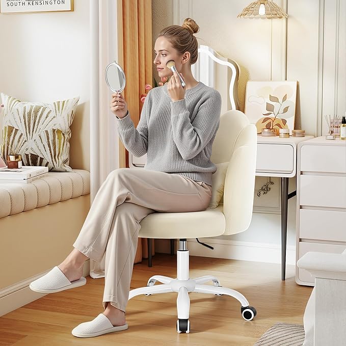 BestGlory Petal Vanity Chair with Wheels, 3.15" Extra Thick Comfy Makeup Chair, Adjustable Modern Swivel Armless Desk Chair for Girls Women, Aesthetic Small Office Chair for Bedroom Dorm