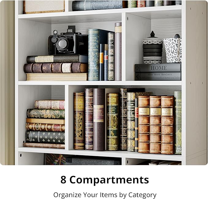 IRONCK Book Shelf, Tall Bookshelf with Storage, Bookshelves and Bookcases with Doors, 4-Tier Bookcase with 8 Open Cubes for Living Room, Office, Study, White
