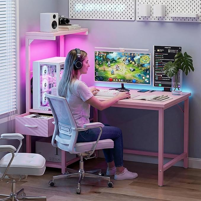 Grandder Gaming Desk 41 Inch with CPU Stand and LED Light, Computer Desk with Reversible Shelves and Storage Drawer, Pc Small Desk for Home Office Table with Bag, Pink