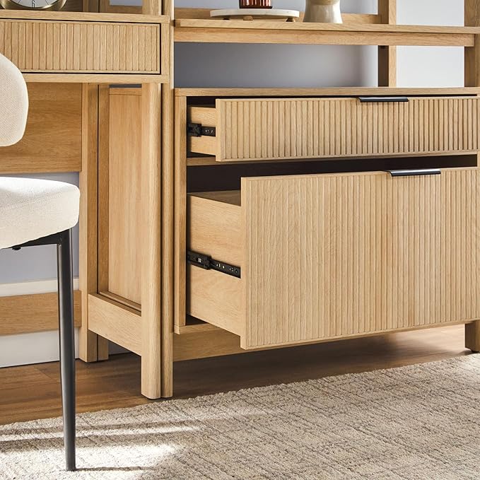 Walker Edison Transitional 2-Piece Hutch Desk with Wide Bookcase, Reeded Drawer Fronts, Built-in outlets and USB Ports, Set of 2, Coastal Oak