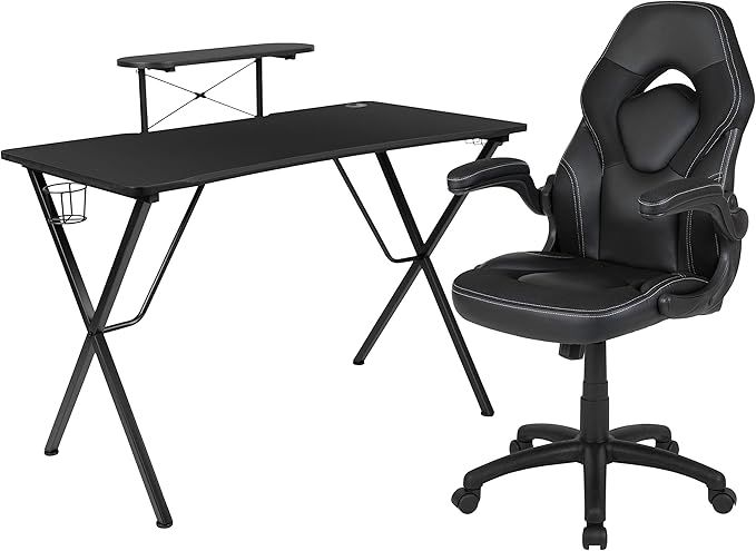 EMMA + OLIVER BlackArc Black Gaming Desk & Chair Set with Headphone Hook, and Monitor Stand