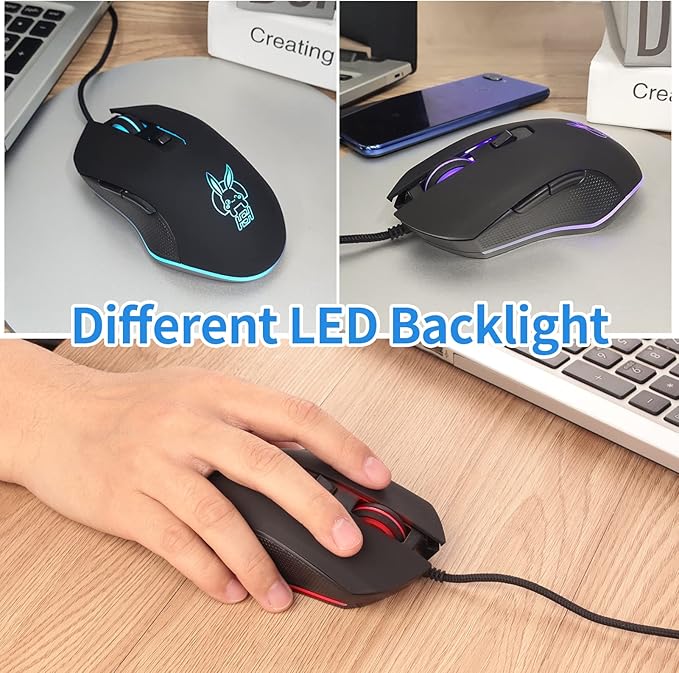 IULONEE USB Type C Wired Mouse,Silent Computer Mouse Optical Gaming Mice Ergonomic 7 LED Backlight 2400 DPI 6 Buttons for Office Home Windows PC,Laptop,Desktop,Notebook,MacBook (Type-C Black)