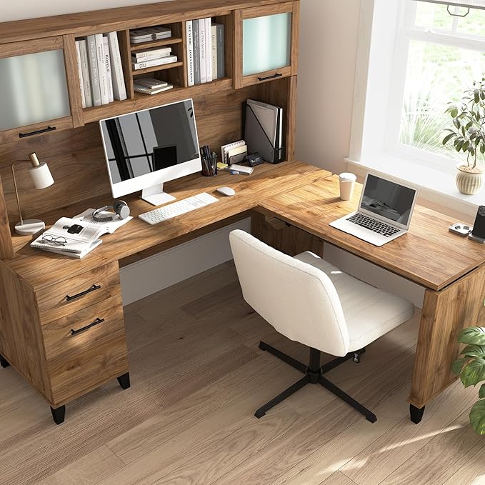 Bush Home Somerset 72W 3 Position Sit to Stand L Shaped Desk with Hutch in Fresh Walnut | Adjustable Height Table for Home Office