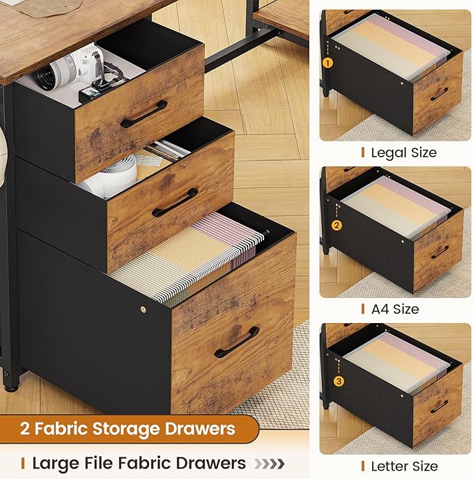 SEDETA L Shaped Computer Desk, 58'' Office Desk with 3 Drawers and Bookshelf, L Shaped Corner Desk with Storage Shelves and LED Light for Home Office, Gaming Desk, L Desk, Rustic Brown