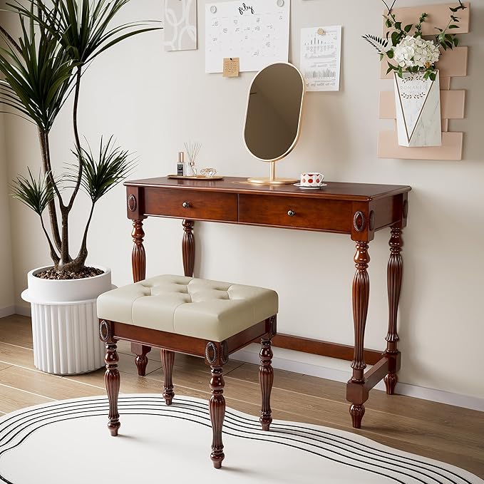 Vintage Wooden Writing Desk Stool Set, Small Secretary Desk and Cushioned Stool Set with 2 Drawers, 39.4" W Wood Writing Table Vanity Makeup Table Sets for Home Office-Cheery&Beige
