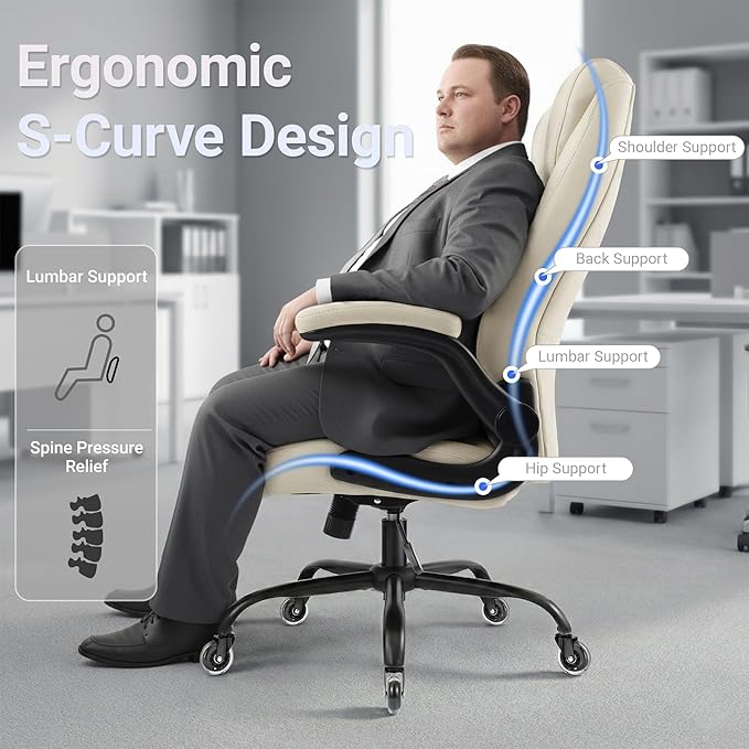 Big and Tall Office Chair for Heavy People, 500LBS High Back Extra Wide Executive PU Leather Office Chair with Flip-Up Armrests, Quiet Rubber Wheels, Comfortable Home Office Desk Chair (White)