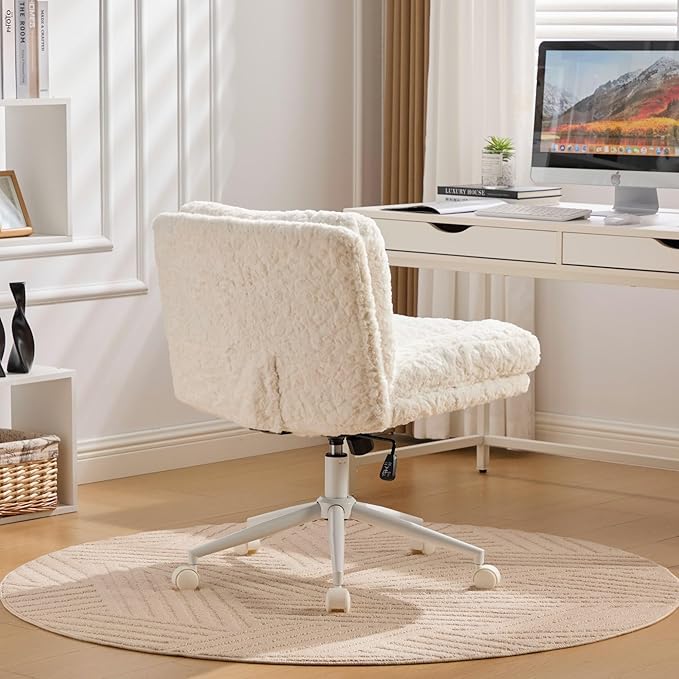 Goujxcy Desk Chair with Thickened seat Cushion, Modern Faux Fur Upholstered Home Office Chair, 360° Swivel Armless Desk Chairs, 120°Rocking Ergonomic Computer Task Vanity Chairs, Cream