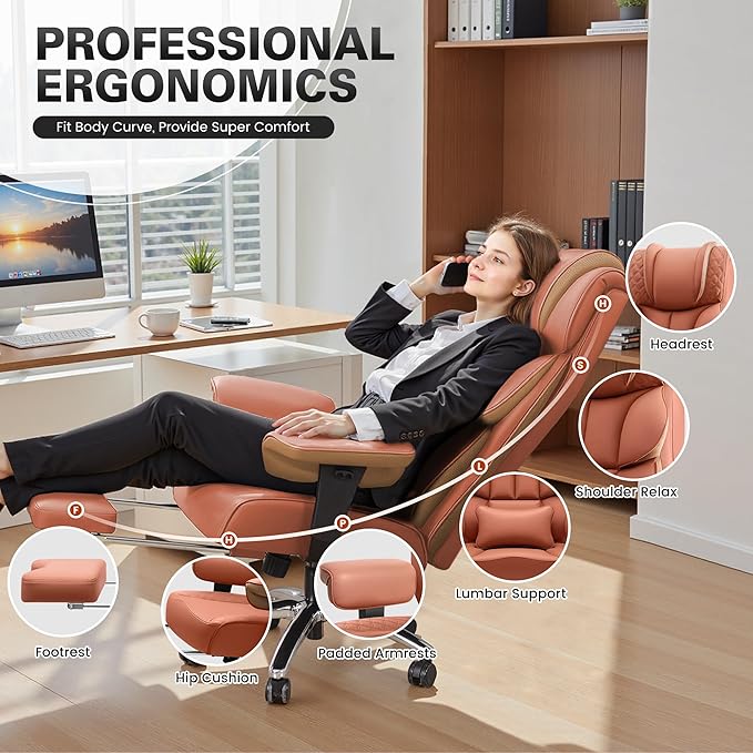 BestGlory Office Desk Chair, Big and Tall Leather Gaming Chair with Footrest, Wide Ergonomic Comfy Executive High-Back Reclining Computer Chairs, Swivel Rolling Wheels and Padded Lumbar Support, Brown