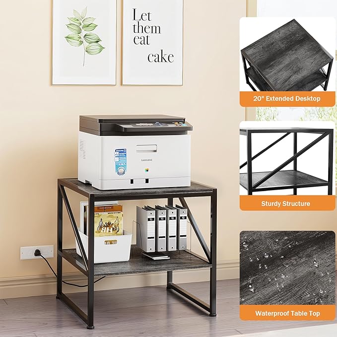2-Tier Large Priner Stand with Charging Station, 20"×20" Under Desk Printer Table with Power Outlets and USB Ports for Home Office, Heavy Duty Storage Rack for Scanner Fax Machine Heat Press, Grey Oak
