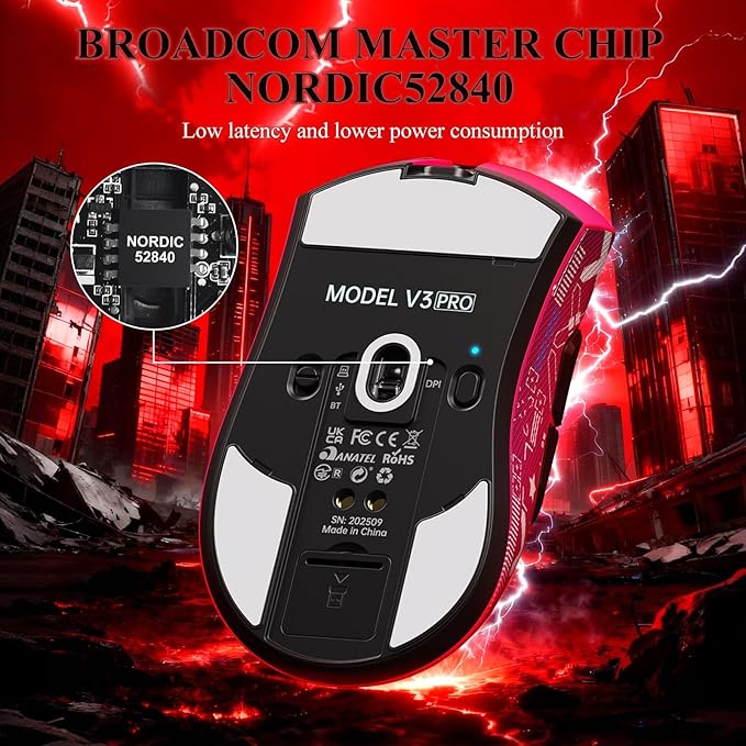 MAMBASNAKE Attack Shark V3 PRO 62g Superlight Wireless Gaming Mouse,RGB Charging Dock,BK52820 Tri-Mode BT/2.4G Wireless/Wired Mouse with Grip Tape,25000DPI,5 Programmable Buttons for Pc/Mac,Red PRO