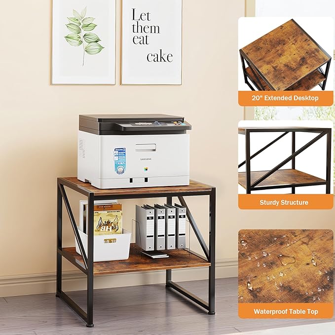 CAIYUN 2-Tier Large Priner Stand with Storage Shelf, 20"×20" Under Desk Printer Table for Home Office, End Table for Living Room, Heavy Duty Storage Rack for Scanner Fax Heat Press, Rustic Brown