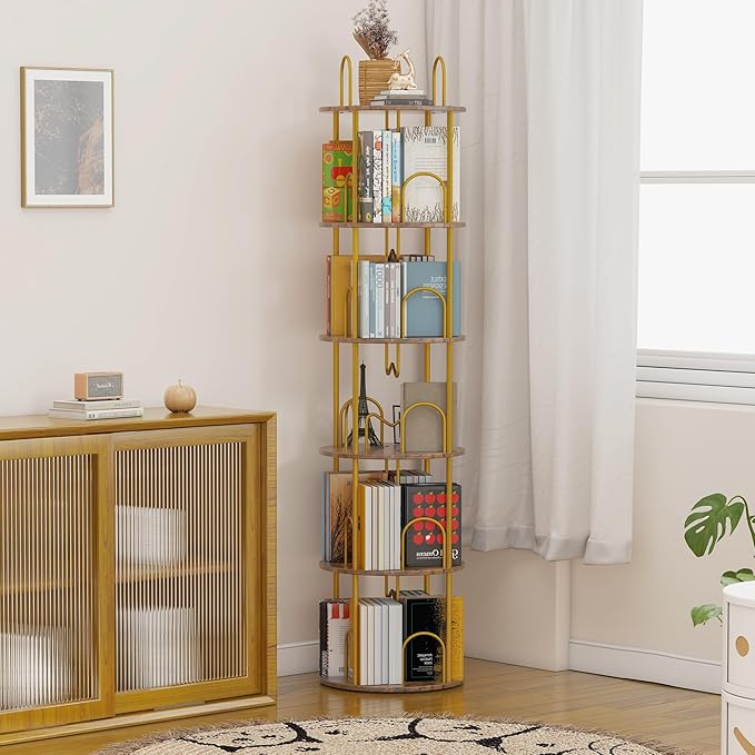 5 Tier Rotating Bookshelf, 360° Spinning Bookshelf Tower, Narrow Corner Book Shelf, Revolving Bookcase Corner Tall Book Shelf for Small Spaces, Bedroom, Living Room, Gold