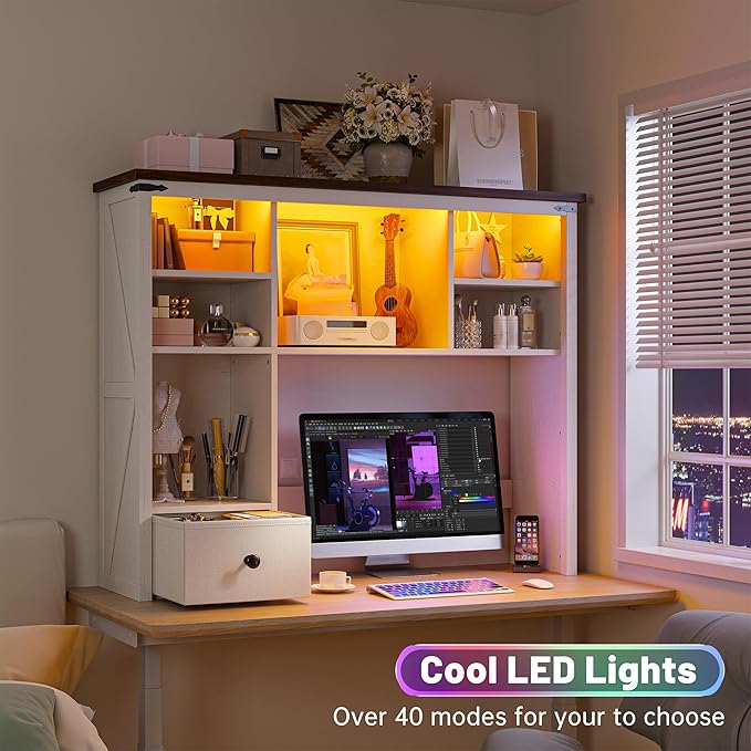 EnHomee 38" Wooden Desk Shelf for Top of Desk with LED Lights, Adjustable Desk Hutch Dorm with Drawer & 8 Shelves, Desktop Bookshelf for Dorm, Home, Office,White