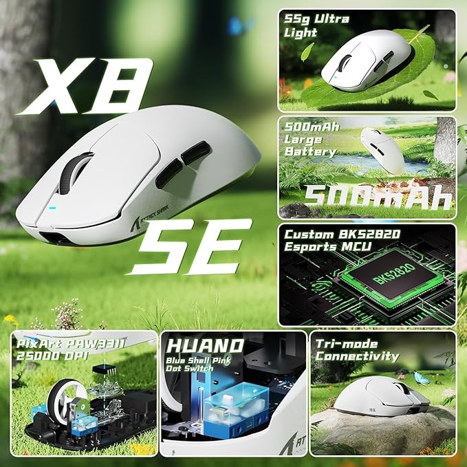 ATTACK SHARK X8 SE Wireless Gaming Mouse,55g Ultra-Lightweight Wired/BT/2.4GHz Wireless Programmable Mouse,1K Polling Rate,PixArt PAW3311 Gaming Sensor,25000 DPI,Gamer Mice for PC/Win/Mac(White)