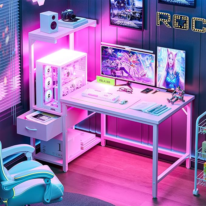 Grandder Gaming Desk 41 Inch with CPU Stand and LED Light, Computer Desk with Reversible Shelves and Storage Drawer, Pc Small Desk for Home Office Table with Bag, Pink