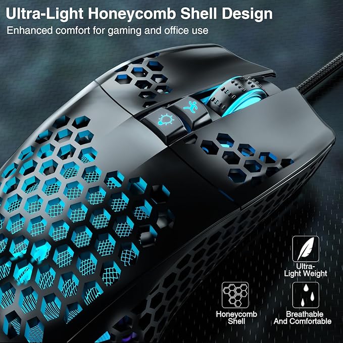 SOLAKAKA SM900 Gaming Mouse Wired with RGB,Honeycomb Shell,12800 DPI Wired Gaming Mouse with Buttons,Computer Mouse for Laptop/PC,Black