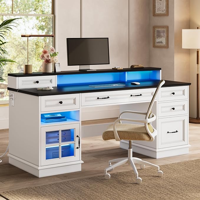 HAUOMS Farmhouse Executive Desk with Drawers Computer Desk with File Drawers, Power Outlet and Led Lights, Executive Office Desk with Storage Cabinet and Monitor Shelf for Home Office, White