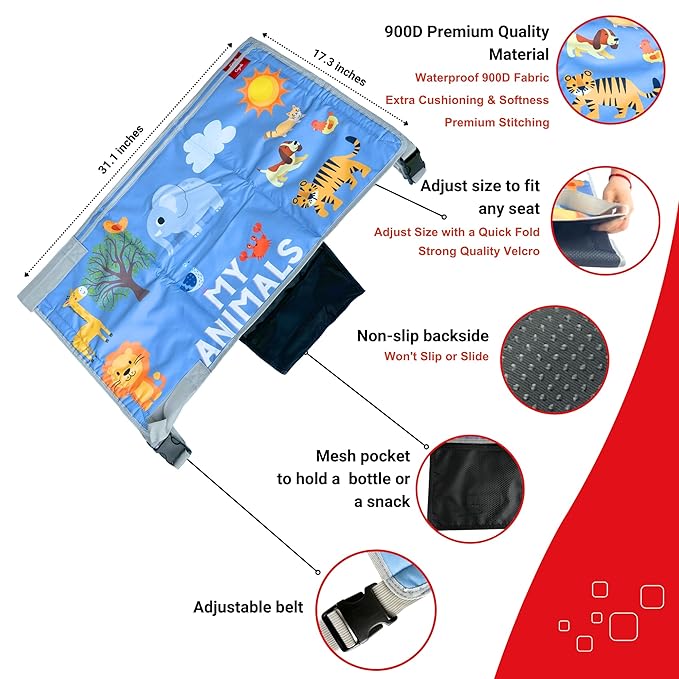 Cegali Airplane Seat Extender for Kids ANM: Enhance Your Child's in-Flight Comfort. Travel Toddler Bed, Leg Rest, Foot Hammock, All in One (My Animals - Cool Grey)