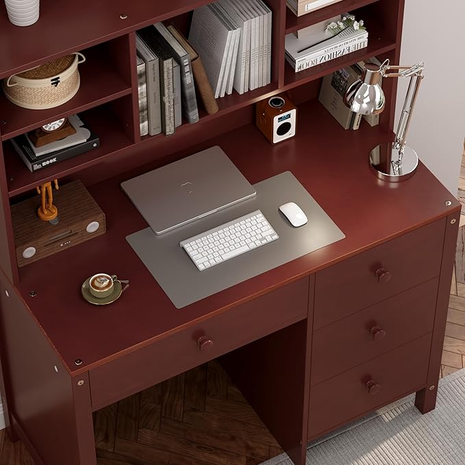 40" Home Executive Desk and Upholstered Chair Set with Bookshelf,Vintage Style Computer Desk with 4 Drawers & Storage Shelf,Study Set for Office, Bedroom or Living Room (Espresso)