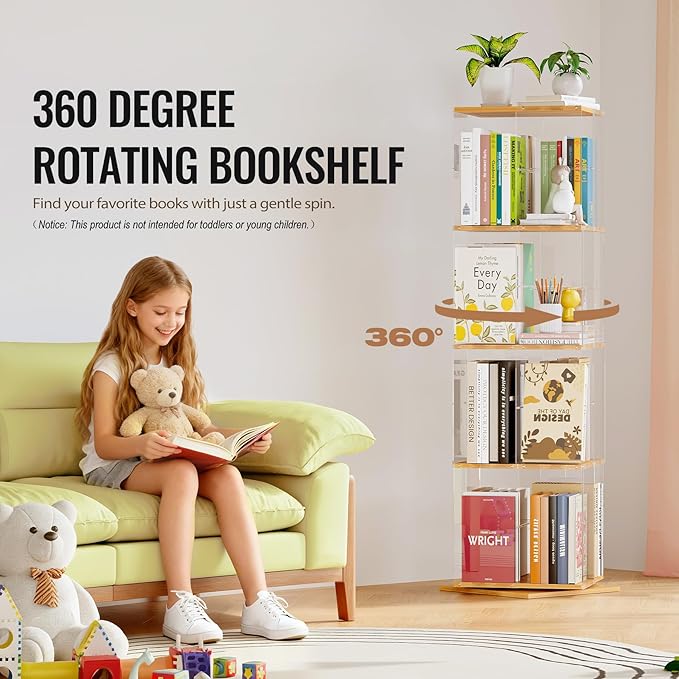 TAKEKIT Rotating Bookshelf, 360 Degree Revolving Bookcase, 4-Tier Spinning Bookshelf, Clear Acrylic & Solid Wood Rotating Bookcase for Kid’s Playroom, Bedroom and Living Room, Square