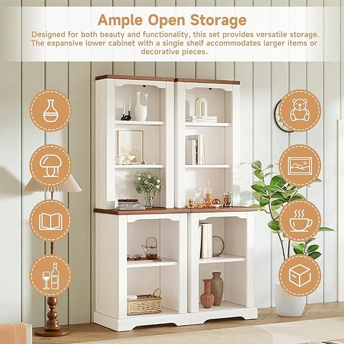 ON-Trend Two-Piece Elegant Freestanding Tall Cabinet with Fully Open Storage, Walnut Element Bookshelves with Curved Design, Stylish Display Bookcase with Anti-Tip Device for Living Room, White Refi