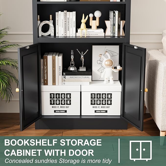 55" Tall Metal Bookcase,Heavy Duty Bookcases with Doors,Sturdy Modern Book Shelf with Cabinet,Industrial Display Book Case for Living Room,Office,Black