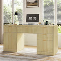 knoworld 58" Fluted Executive Desk with Storage & Charging Station Wood Modern Home Office 4 Drawers 1 File Cabinet Storage Computer Writing for Work Living Room Bedroom, Natural