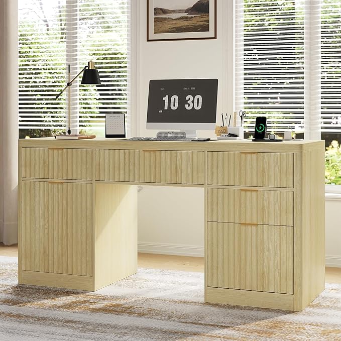 knoworld 58" Fluted Executive Desk with Storage & Charging Station Wood Modern Home Office 4 Drawers 1 File Cabinet Storage Computer Writing for Work Living Room Bedroom, Natural