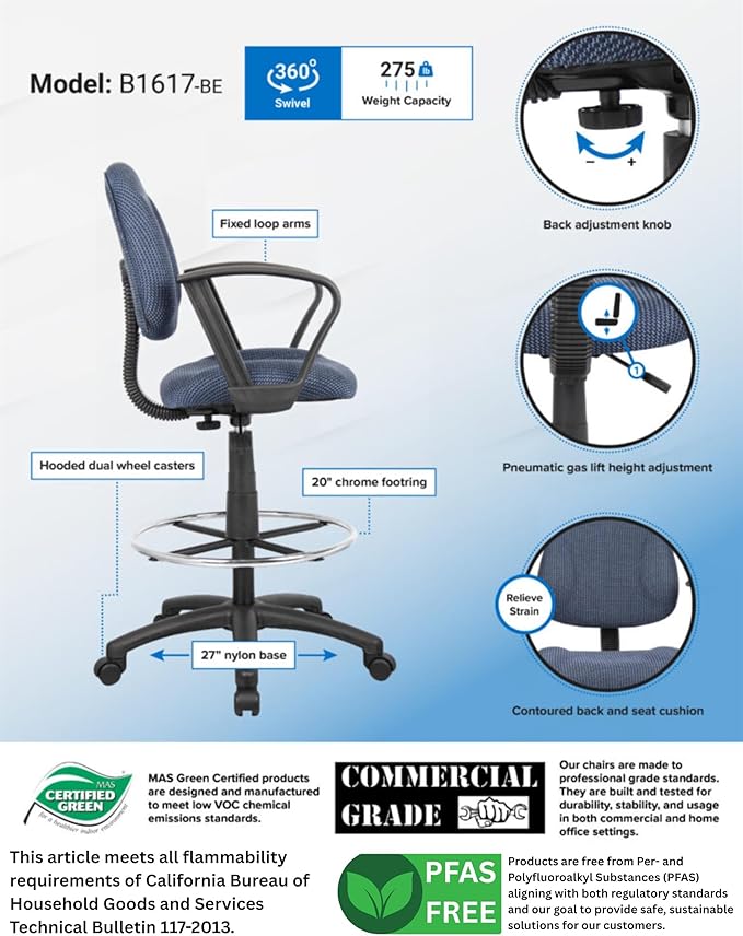 BOWERY HILL Contemporary Fabric Drafting Stool, Blue Tweed Upholstery, Adjustable Loop Arms, Pneumatic Seat Height, Chrome Footrest, Nylon Base, Dual Wheel Casters, Ergonomic Office Chair