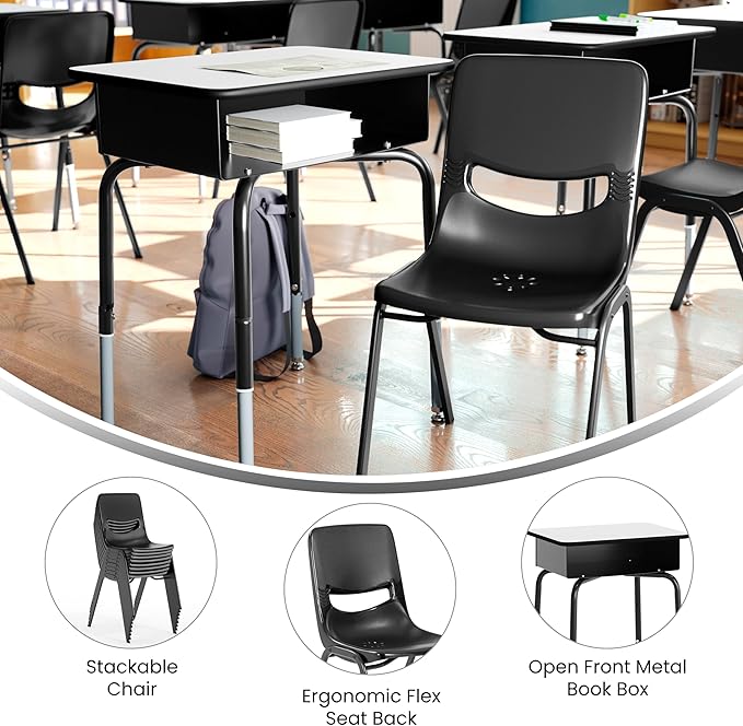 EMMA + OLIVER Jacobs Desk/Stackable Ergonomic Chair Set, Flex Comfort Seat Back, Adjusting Desk Legs, Metal Open Front Storage Box, Gray Desktop/Black Chair