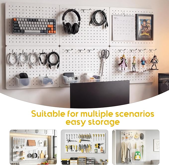 Peg Board for Tools, 6 Pack Metal Pegboard Wall Organizer with Hooks,16"×12" White Pegboard Panels for Walls Home, Garage Tool Storage, Kitchen, Office Organization, Craft Room