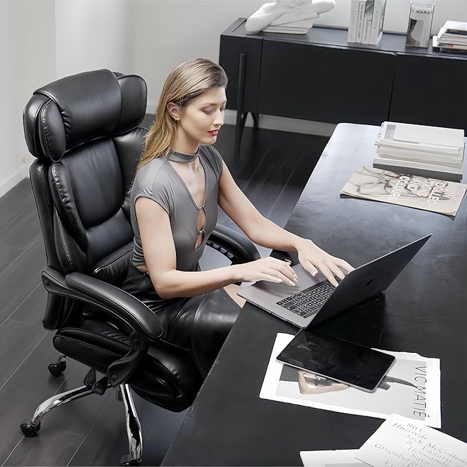 COLAMY Office Chair with Retractable Footrest, Ergonomic High Back Design Executive Computer Desk Chair with Removable Lumbar Pillow, 90-135°Reclining, Thick Bonded Leather, 2 PCs, Black