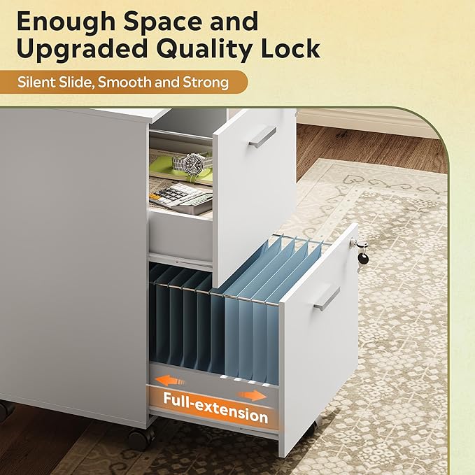 DEVAISE 2 Drawer File Cabinet, Mobile Printer Stand, Wood Filing-Cabinet fits A4 or Letter Size for Home Office, White