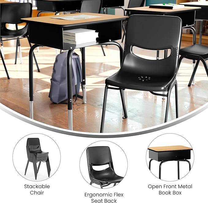 EMMA + OLIVER Jacobs Desk/Stackable Ergonomic Chair Set, Flex Comfort Seat Back, Adjusting Desk Legs, Metal Open Front Storage Box, Natural Desktop/Black Chair