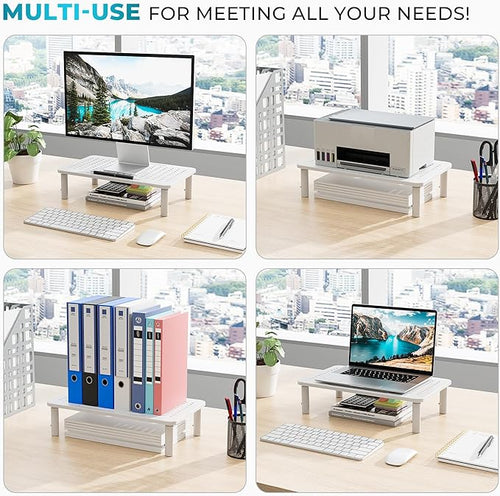BONTEC Monitor Stand 2 Pack Height Adjustable Metal Riser with Pen Holder, White, 14.5” x 9.1”, Ergonomic Desktop Stand for Computer, Printer, Laptop, Adjustable Desk Riser with Cable Management