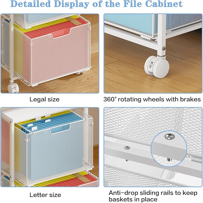 Sbanmao Letter/Legal Rolling File Cabinet, Rolling File Cart with 2 Drawers Filing Cabinet for Home Office, Hanging File Folders Organizer for Under Desk Storage, Mobile Printer Stand, White