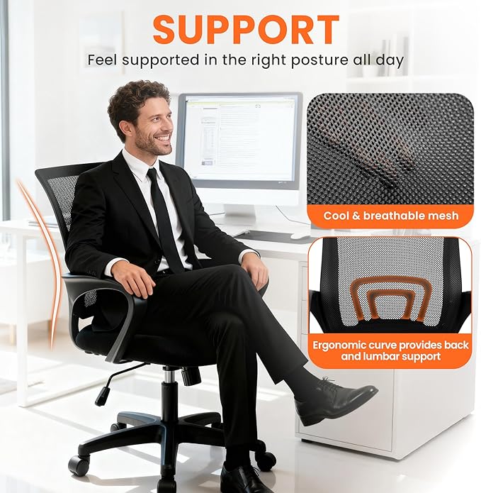 NEO CHAIR Office Desk Computer Chair Ergonomic Mesh Gaming Cushion Seat with Comfy Lumbar Mid Back Support Adjustable Height Swivel Rolling Wheels for Home Task (Mesh Black)