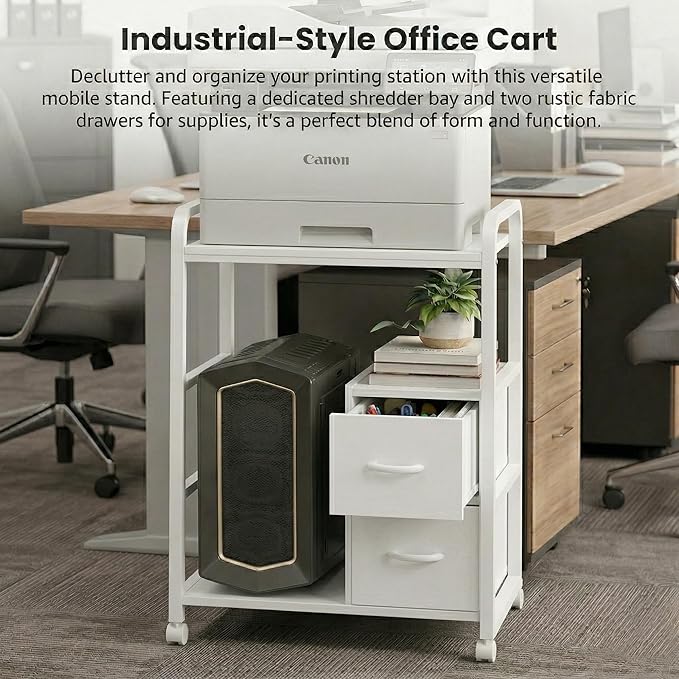 Printer Stand Featuring Fabric Drawers, Under Desk Host Computer Cabinet and Shredder Shelf, Heavy Duty Printer Stand with Storage Workstation Organization Printer Table for Home Office